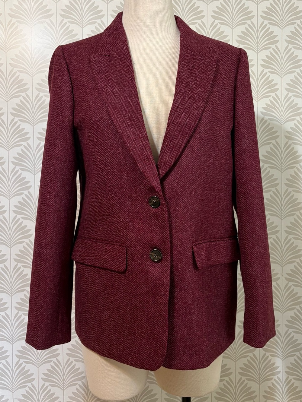 J. Crew Burgundy Herringbone Wool-Blend Single-Button Blazer - Picture 2 of 8